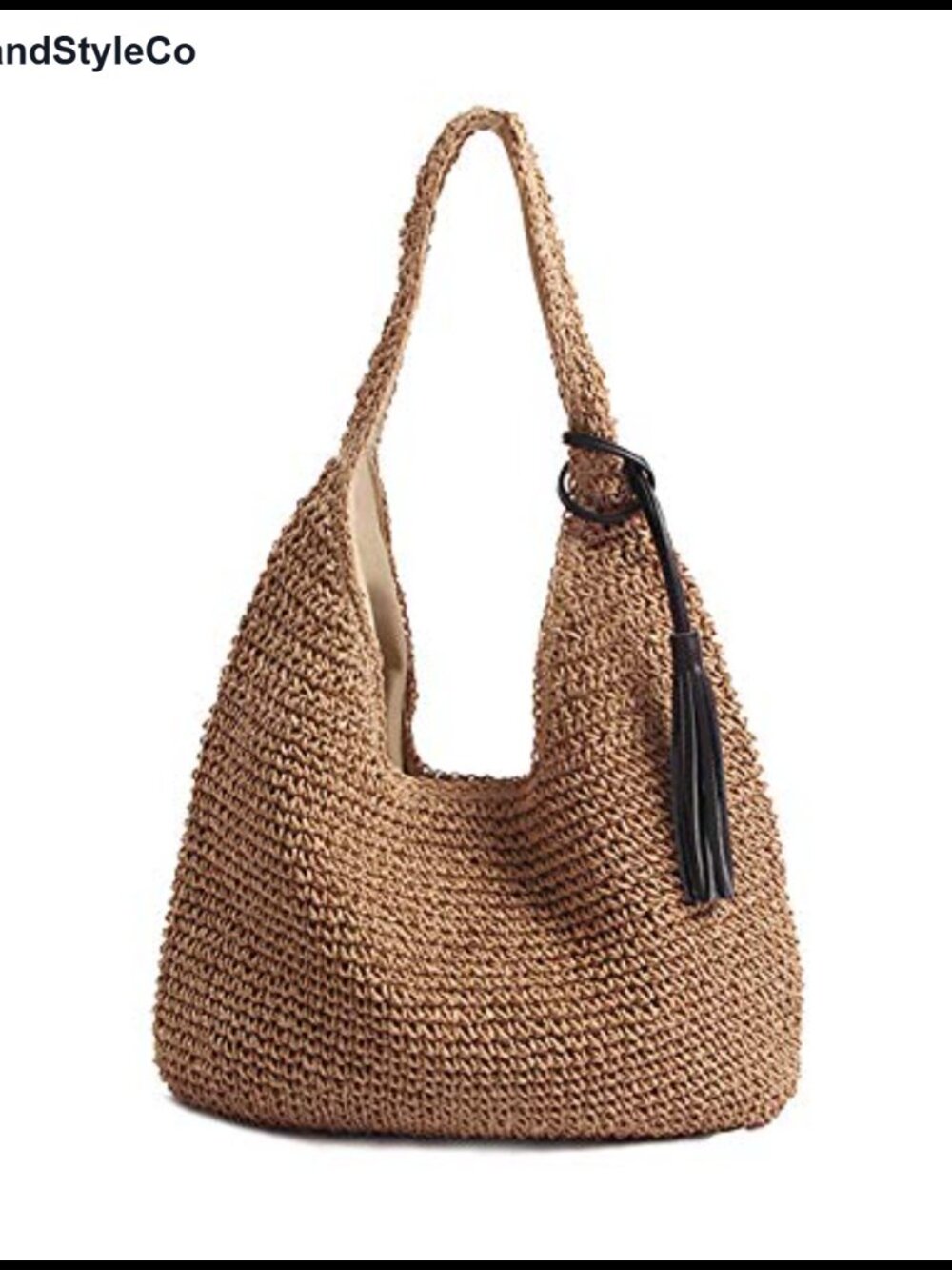 Large Hand-Woven Straw Shoulder Bag with Black Tassels Boho Beach Tote